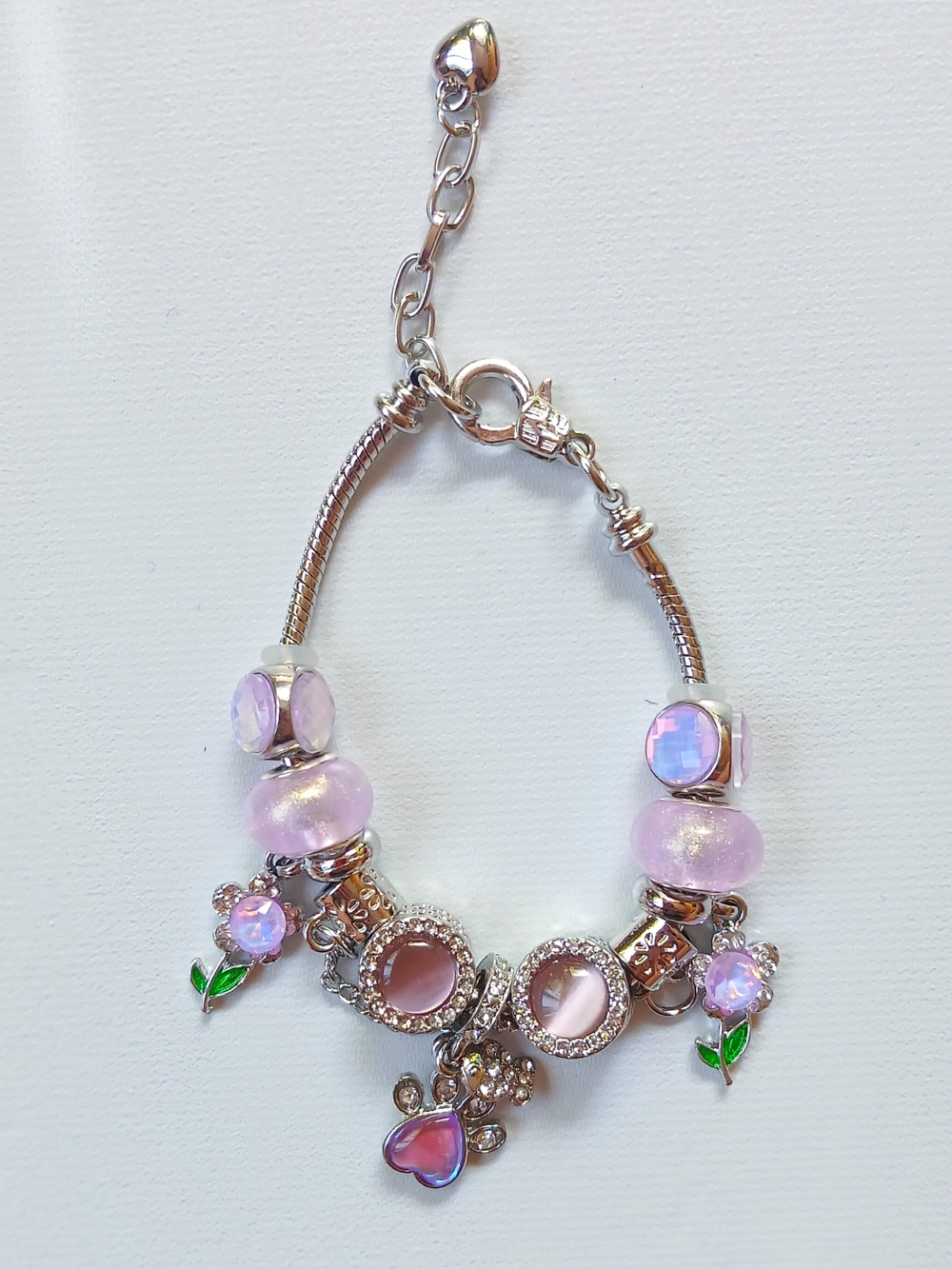 Silver-Tone Pink Psw Print Charm Bracelet with Pastel Glass Beads